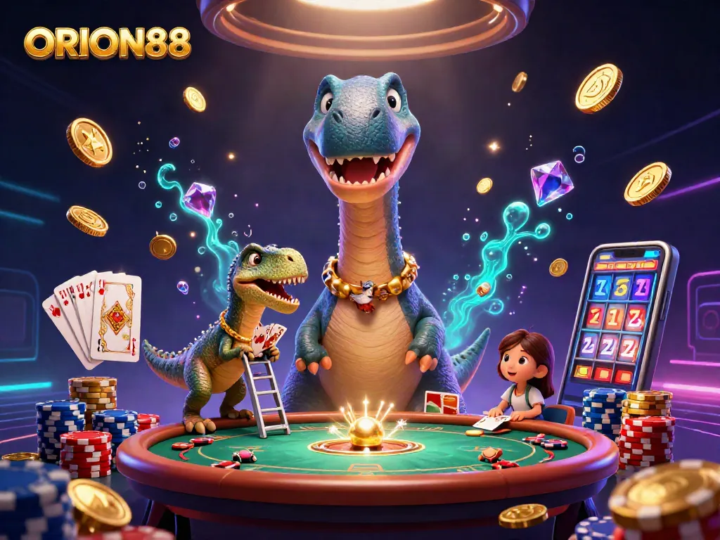 Experience exciting games at ORION88 with a vibrant 3D casino scene full of animated characters and classic gambling elements.