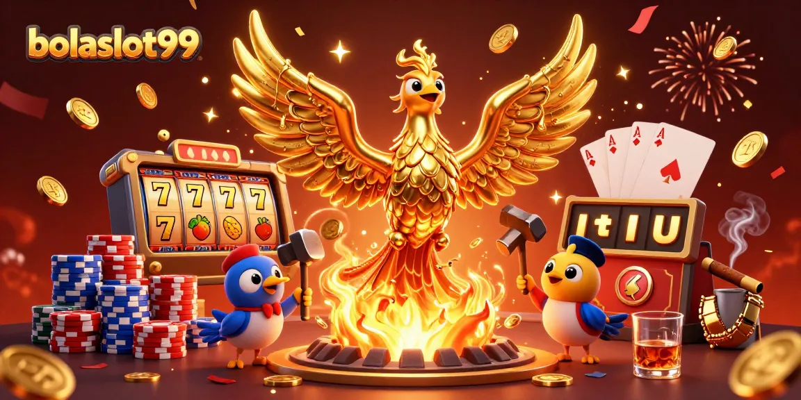 Bolaslot99 showcases a vibrant 3D illustration of a golden phoenix surrounded by lively slot machines and casino elements.