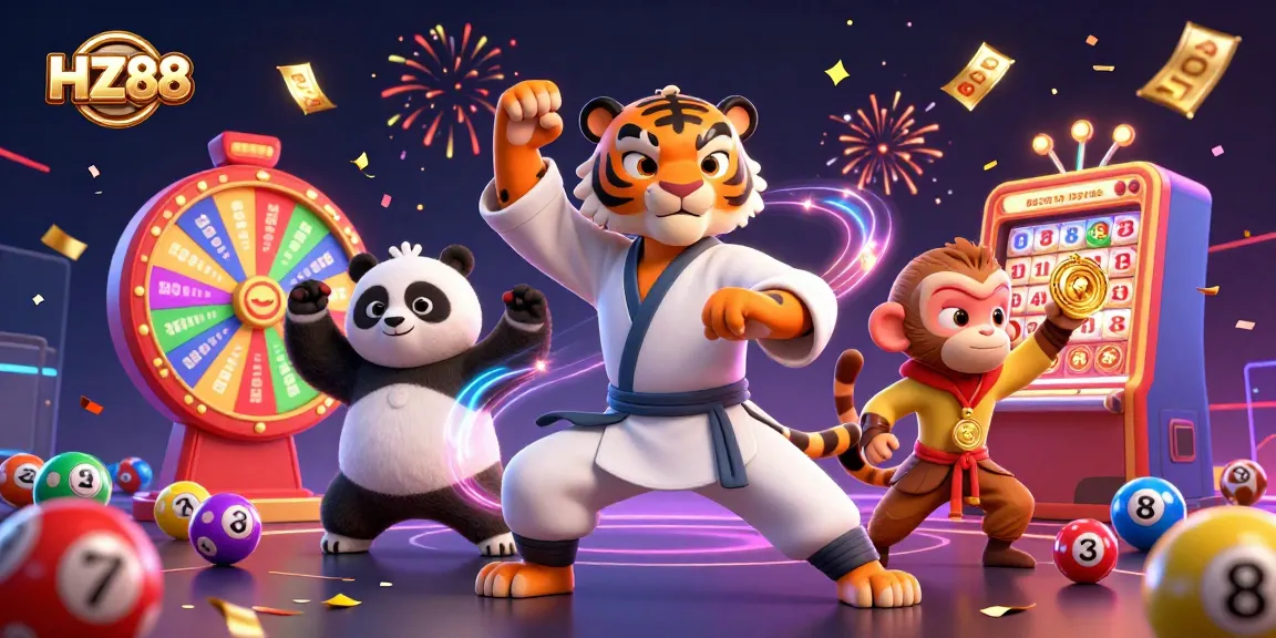 Engage in thrilling action at HZ88 with cartoon characters celebrating lottery wins alongside vibrant game elements.