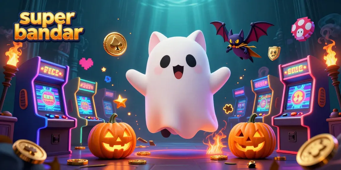 Menghadirkan super bandar dalam ilustrasi kasino hantu, kucing hantu, dan simbol perjudian yang bersinar.