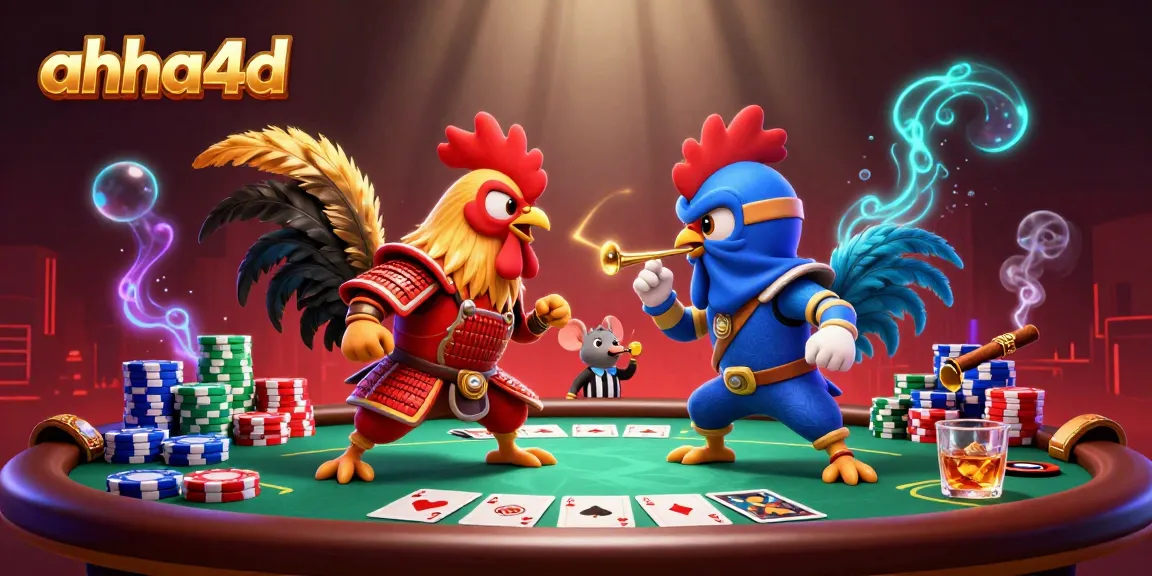 Experience thrilling action with ahha4d as colorful fighting roosters clash amidst poker chips and cards.