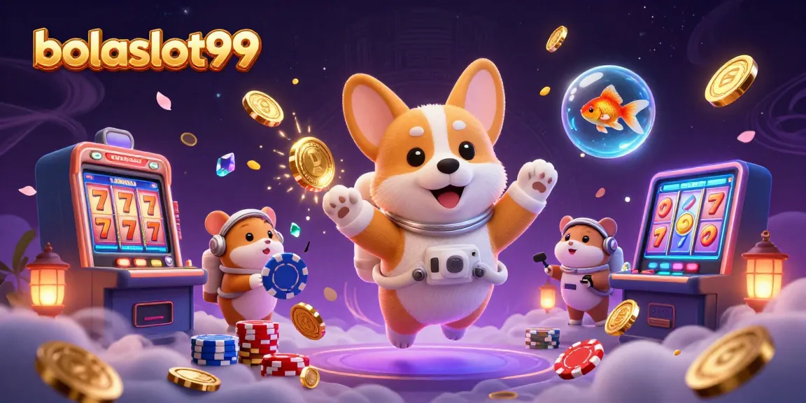 Experience the excitement at bolaslot99 with vibrant slot machines, golden coins, and a playful scene.