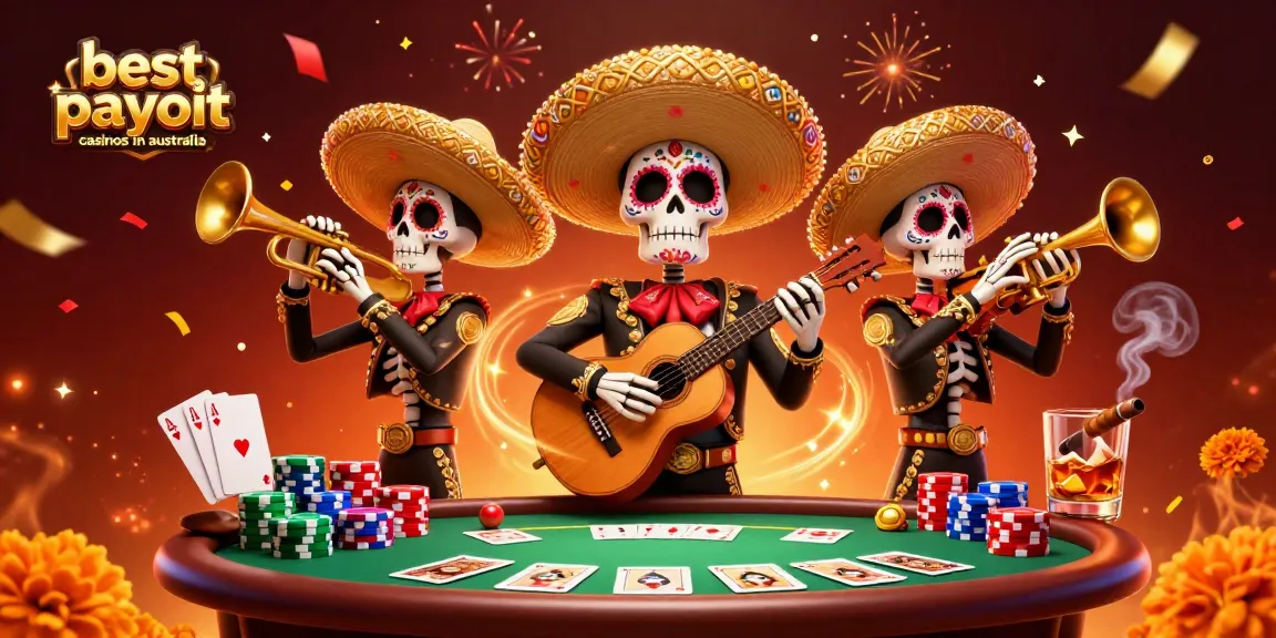 Engage with the best payout casinos in Australia, featuring vibrant 3D skeleton mariachi band and poker scene.
