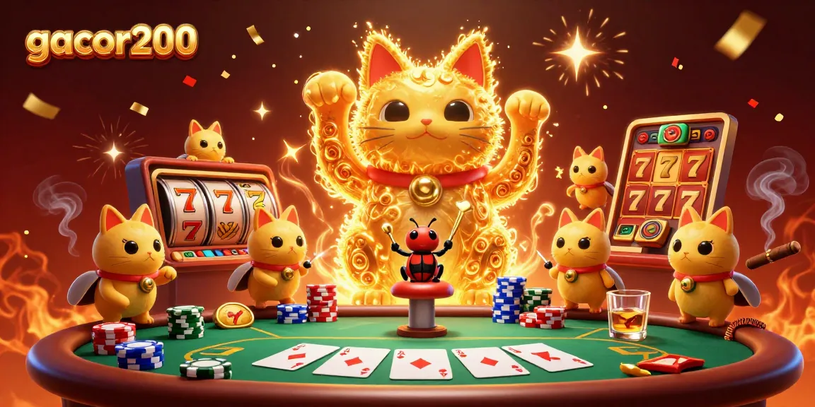 Gacor200 menampilkan kucing keberuntungan besar dengan simbol kasino di sekitarnya dalam ilustrasi dinamis.