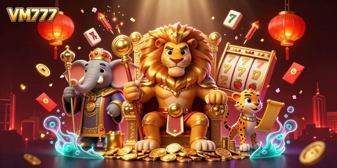 Engage in thrilling gameplay with VM777's lion king, elephant advisor, and cheetah messenger in a vibrant casino scene.
