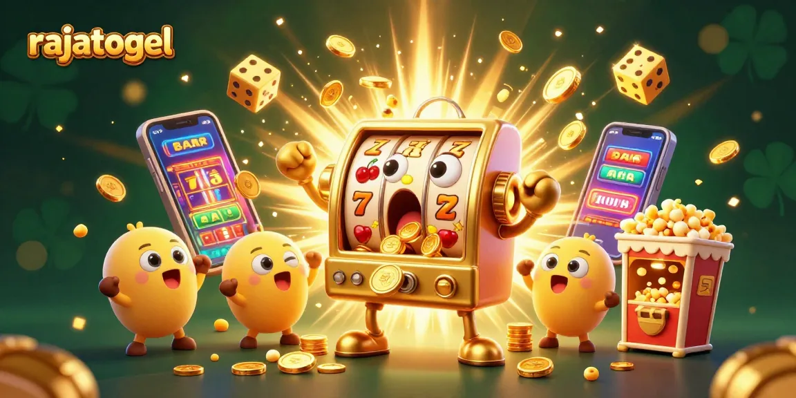 RajatoGel menghadirkan jackpot mengesankan dengan mesin slot mengeluarkan koin di latar belakang berkilau.