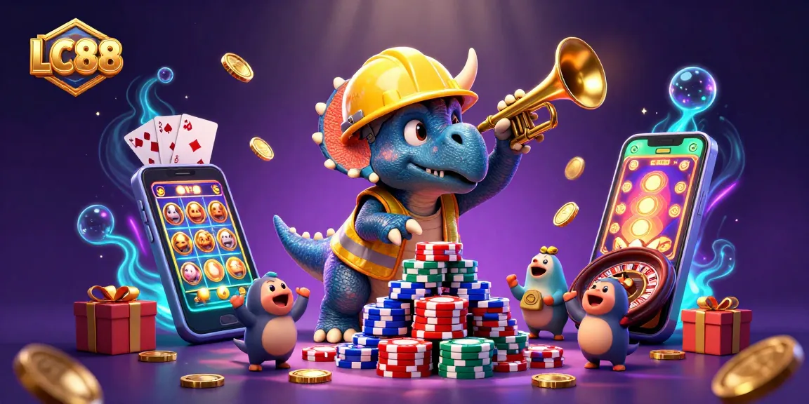 LC88 engages players with a vibrant scene featuring animated characters celebrating casino wins and slot games.