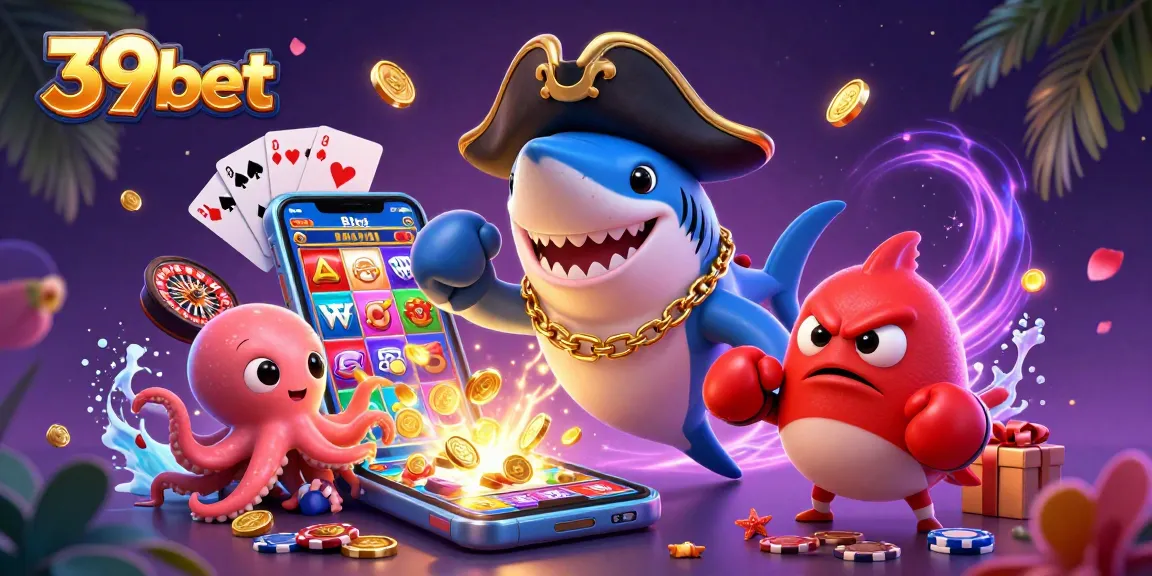 Immerse in the thrilling world of 39bet with cartoon characters celebrating golden wins amidst vibrant casino elements.