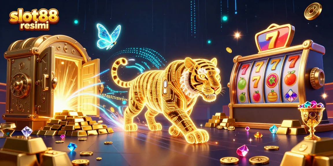 Merayakan kesenangan slot88 resmi dengan energi harimau dan simbol slot yang bersinar.