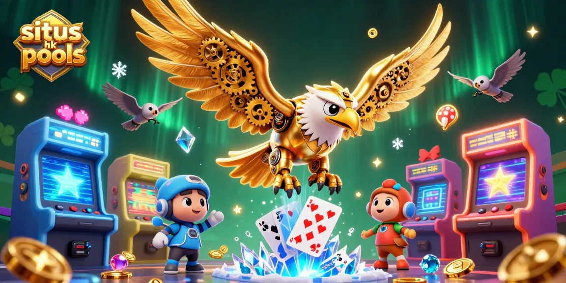 Gambarlah situs hk pools dengan simbol slot dan kartu yang memukau di latar belakang kasino.