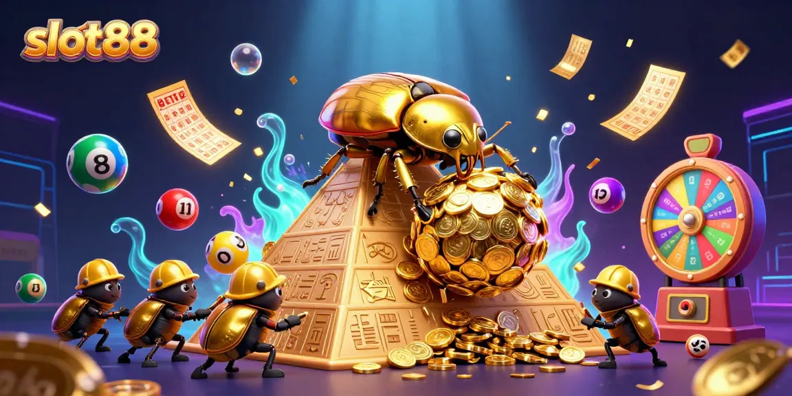 Experience the thrill of slot88 as golden beetles navigate a coin pyramid amidst vibrant lottery elements.