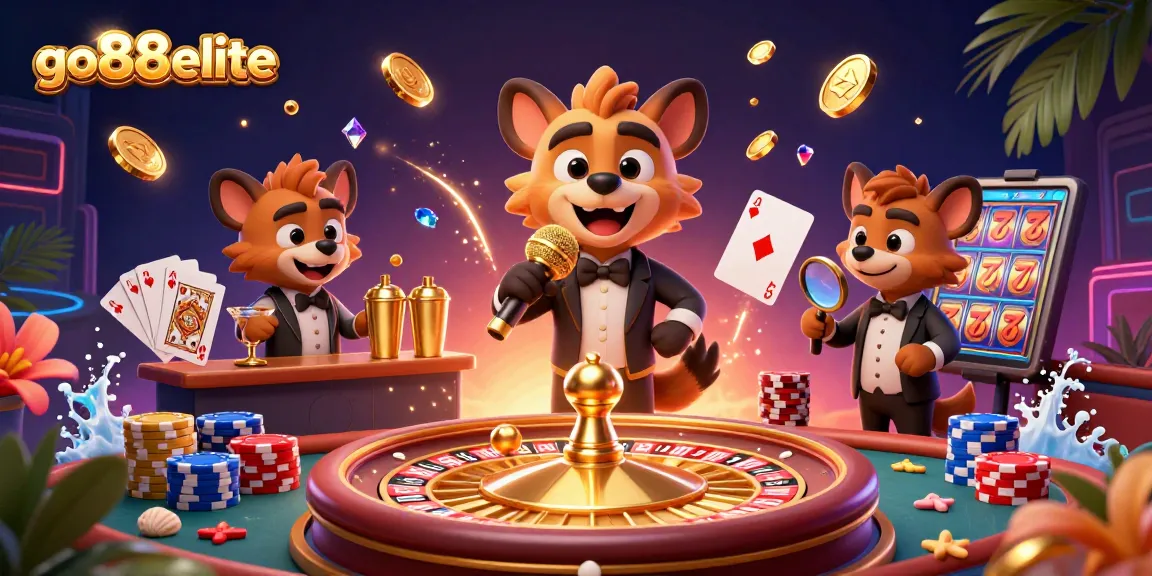 Experience an exciting night at the go88elite casino with hyenas enjoying games and drinks.