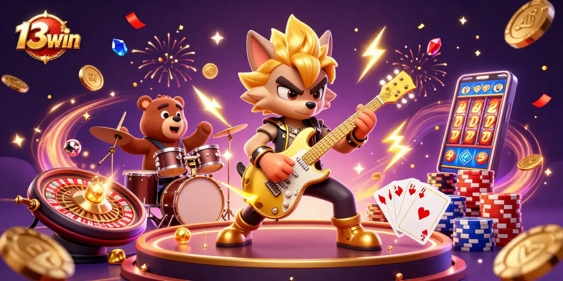 Experience the excitement of 13win with a rock star wolf and thrilling casino elements in this vibrant illustration.