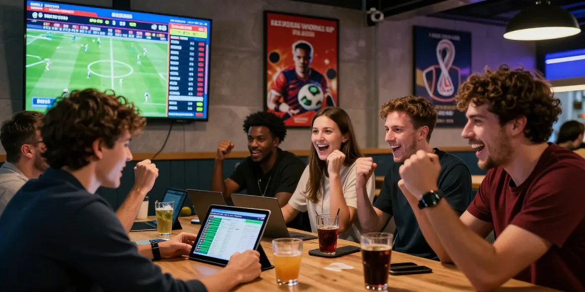 Enthusiastic group analyzing mix parlay betting options during the 2026 World Cup in a vibrant lounge setting.