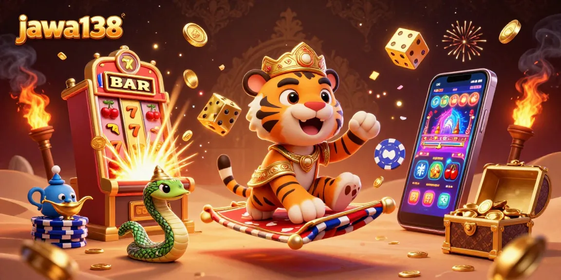 Jawa138, sultan harimau di karpet poker, menikmati jackpot dengan slot dan emas bersinar.