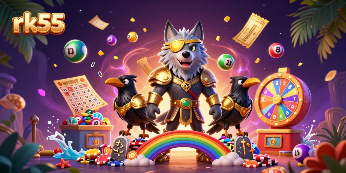 Play exciting games with rk55, featuring a dynamic scene of colorful lottery elements and Norse mythology characters.