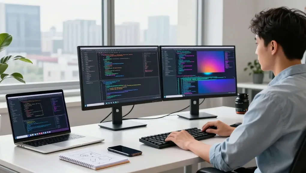 Workspace pengembangan software UE99 dengan pengembang menggunakan laptop dan dua monitor di ruang kantor modern yang terang.