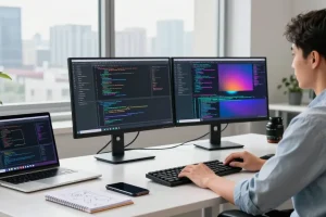 Workspace pengembangan software UE99 dengan pengembang menggunakan laptop dan dua monitor di ruang kantor modern yang terang.