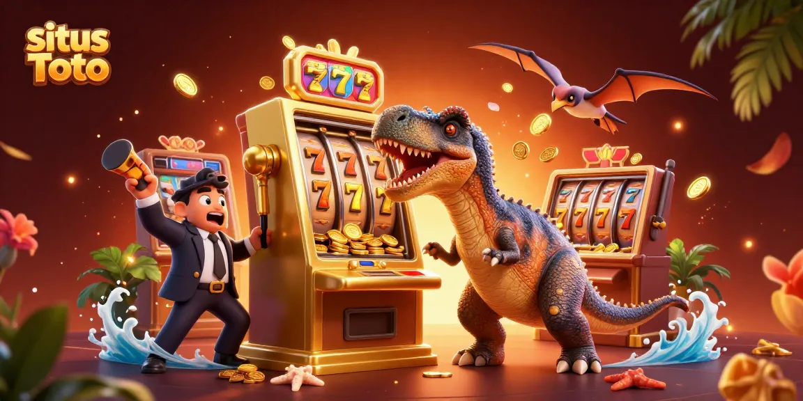 Experience excitement at situs Toto as a dinosaur interacts with a slot machine, capturing golden coins!