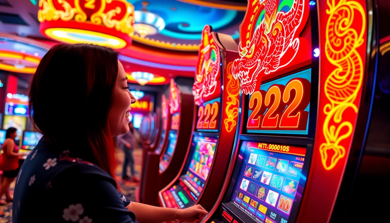 Menangkan jackpot di mesin slot DRAGON22 sambil merayakan di casino penuh warna.