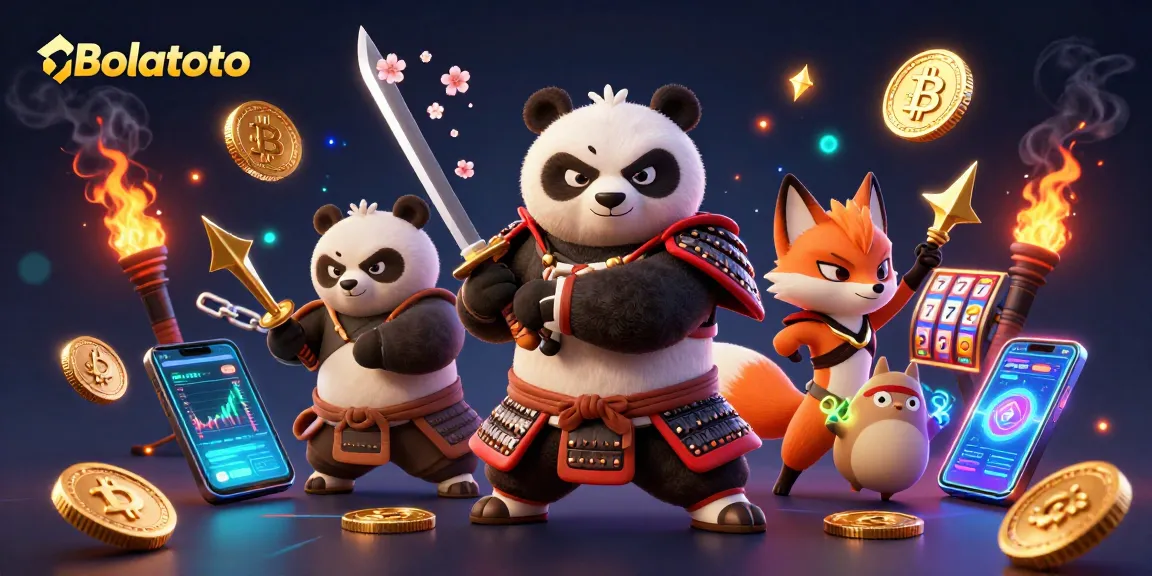 Experience Bolatoto wins with an exciting 3D illustration of a samurai panda and ninja fox surrounded by dynamic gaming elements.