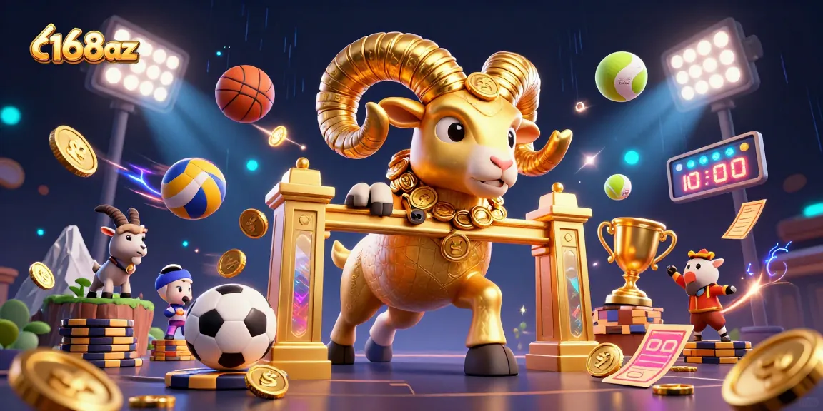 Experience thrilling gameplay at c168az with our exciting golden ram and sports-themed casino illustration.