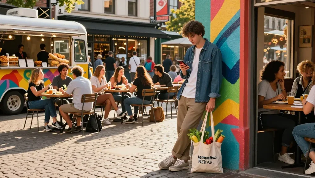 Urban lifestyle embracing tempototo with stylish streetwear and local produce at sunset