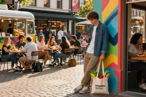 Urban lifestyle embracing tempototo with stylish streetwear and local produce at sunset