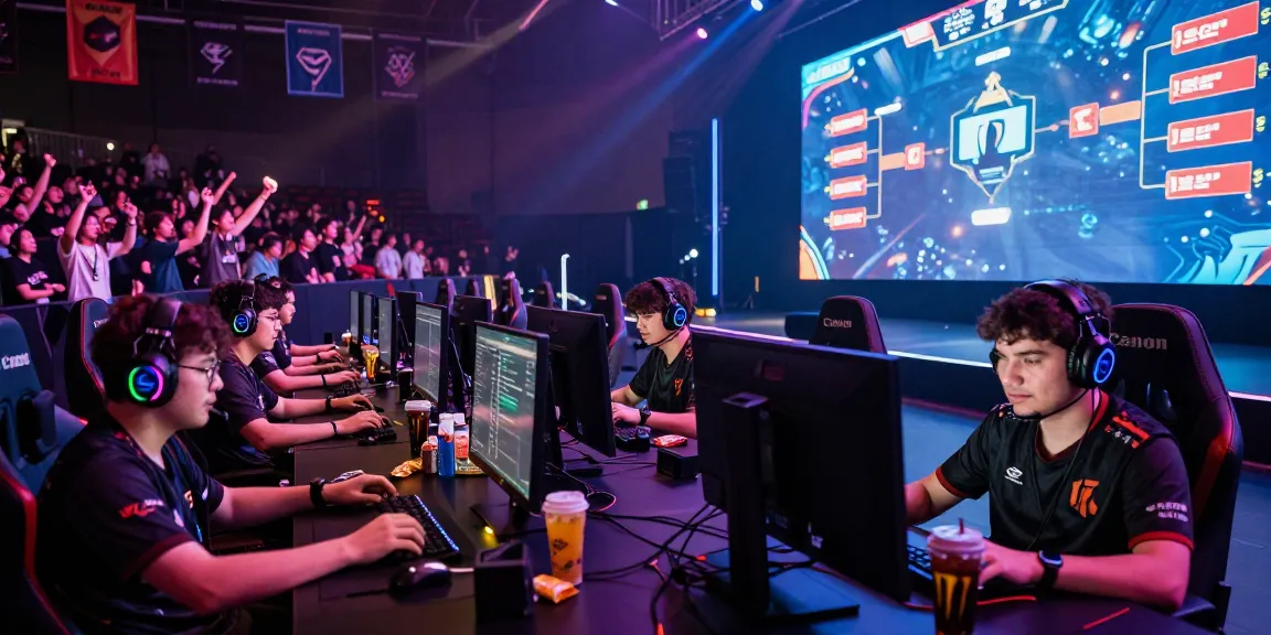 Suasana arena eSports dengan tim ligagalaxy berkompetisi di depan layar besar