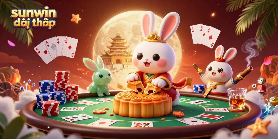 sunwin đổi thưởng presents a vibrant 3D scene of a moon rabbit revealing poker chips, showcasing exciting gambling elements.