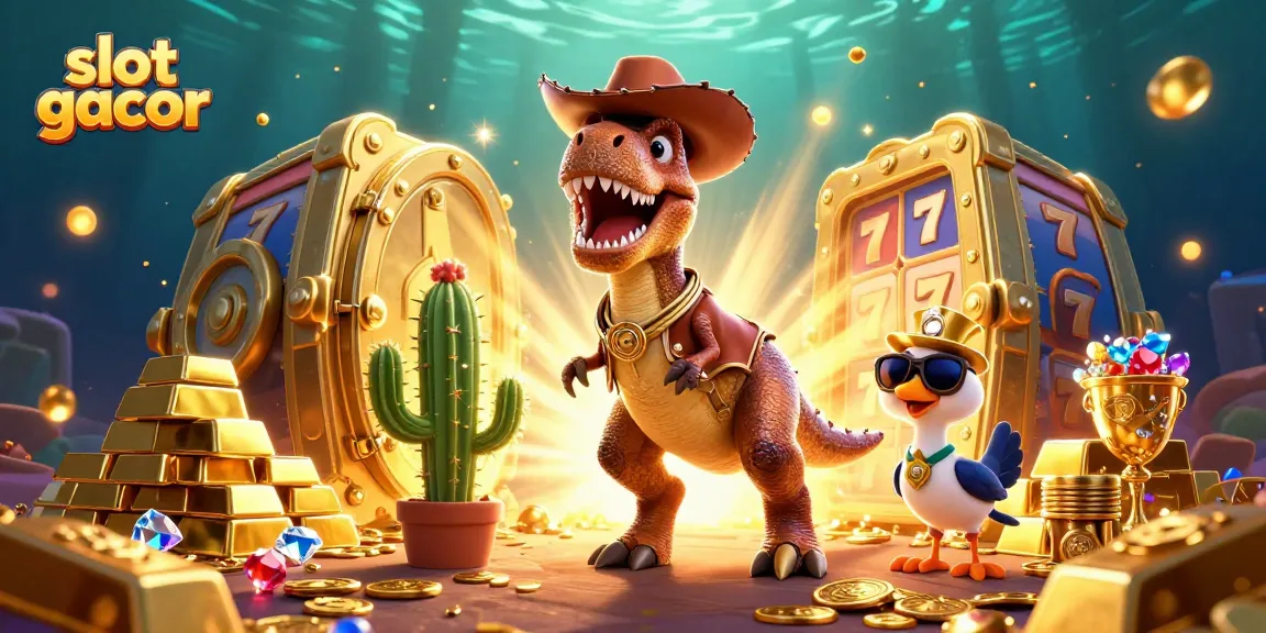 Visualisasi slot gacor yang menarik dengan dinosaur cowboy, tumbuhan kaktus, dan burung roadrunner