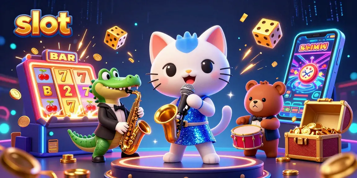 Enjoy the thrilling slot experience with vibrant characters and jackpot actions in a festive casino scene.
